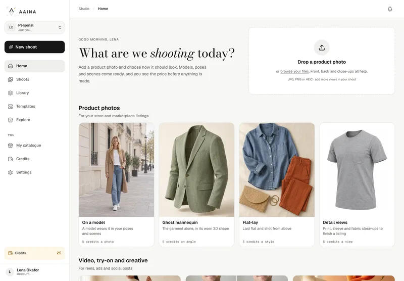 Home in Aaina: What are we shooting today, a box to drop a product photo, and Product photos: On a model, Ghost mannequin, Flat-lay and Detail views, each with its price