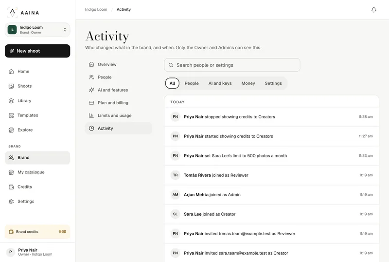 The Activity page of a brand: who changed what, and when