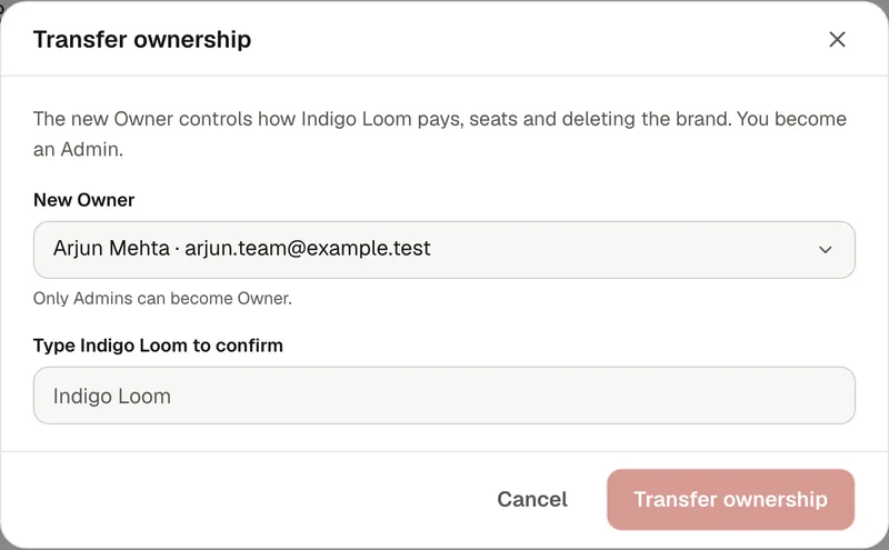 Transfer ownership: the new Owner is an Admin, type the brand name to confirm