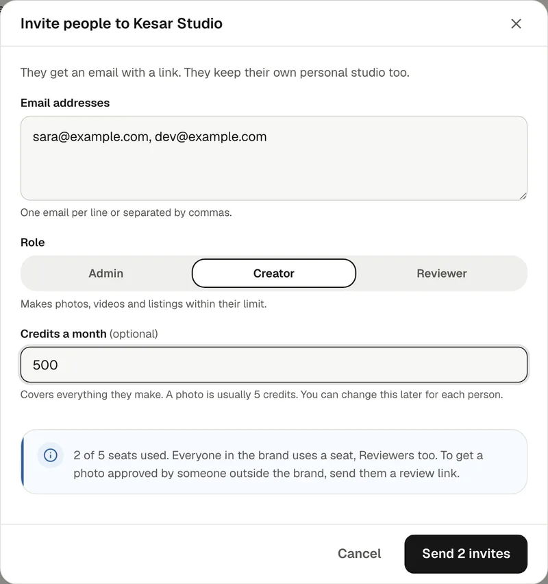 Invite people: two email addresses, the role Creator chosen, a limit of 500 credits a month and the seats used