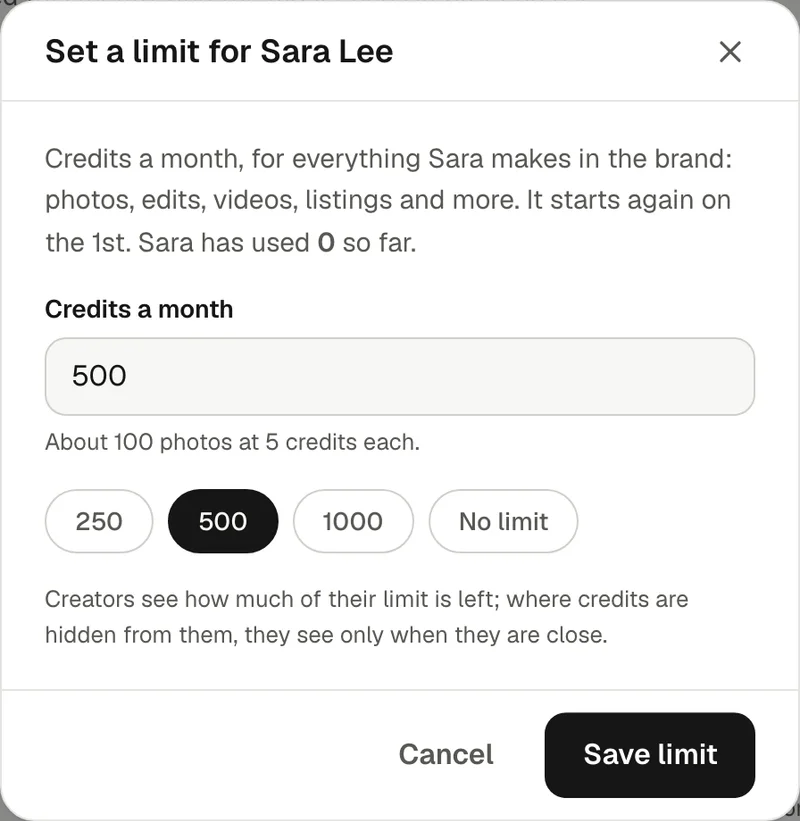 Set a limit for Sara Lee: credits a month, with 250, 500, 1000 or No limit, about 100 photos at 5 credits each
