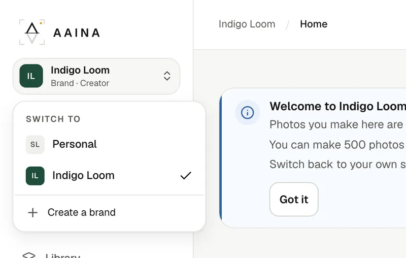 The studio menu in the Aaina sidebar: Personal, a brand with your role, and Create a brand