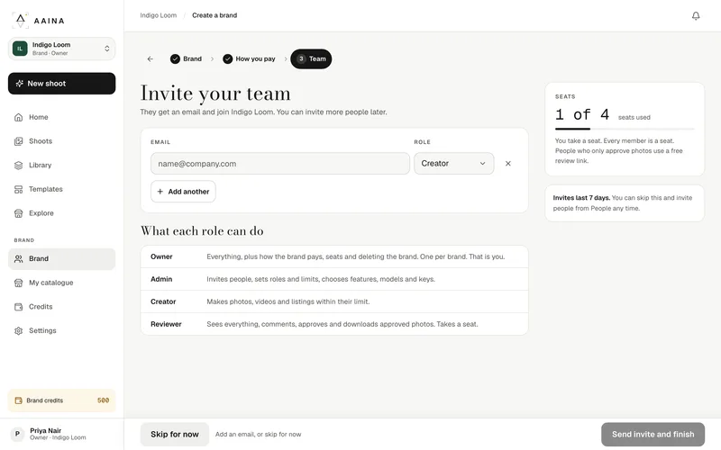 What each role can do: Owner, Admin, Creator and Reviewer, as the app lists them