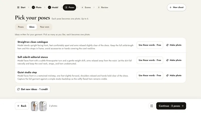Ideas tab: Ideas written for your garment, each with Use these words · Free and Make photo
