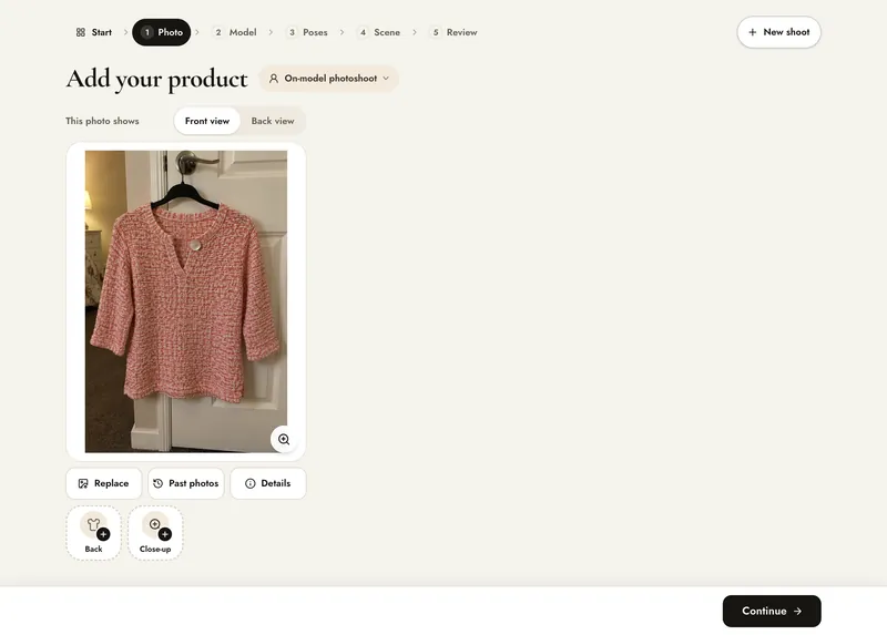 Create, Photo step with the product photo of a coral knit top on a hanger added, marked Front view or Back view, with Replace, Past photos, Details and slots to add Back and Close-up photos