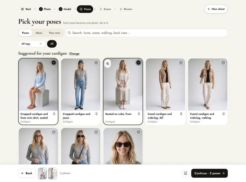 Create, Pick your poses: tabs Poses, Ideas and Your own, a search box, poses suggested for a maxi dress, two selected for the top, and a bar reading Continue · 2 poses