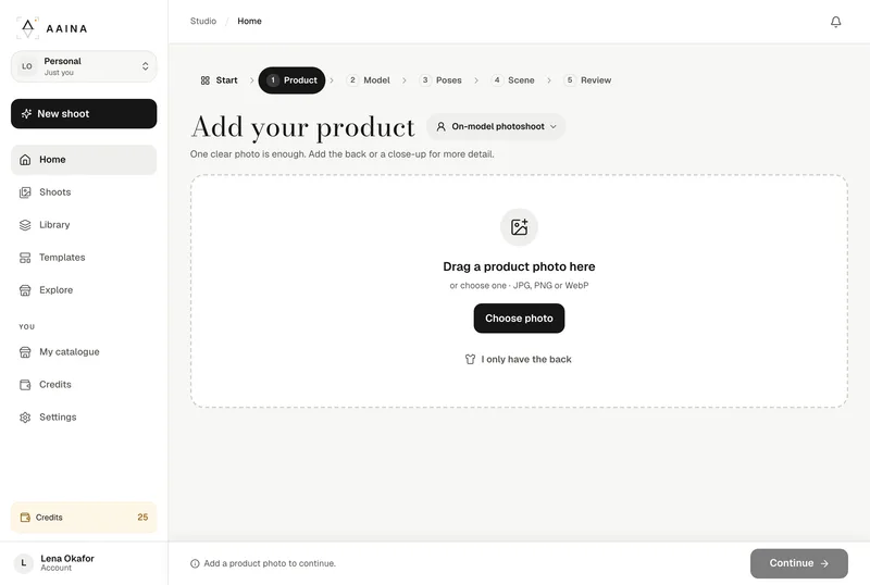 New shoot, Product step: Add your product, Drag a product photo here, Choose photo and I only have the back, with the steps Product, Model, Poses, Scene and Review at the top