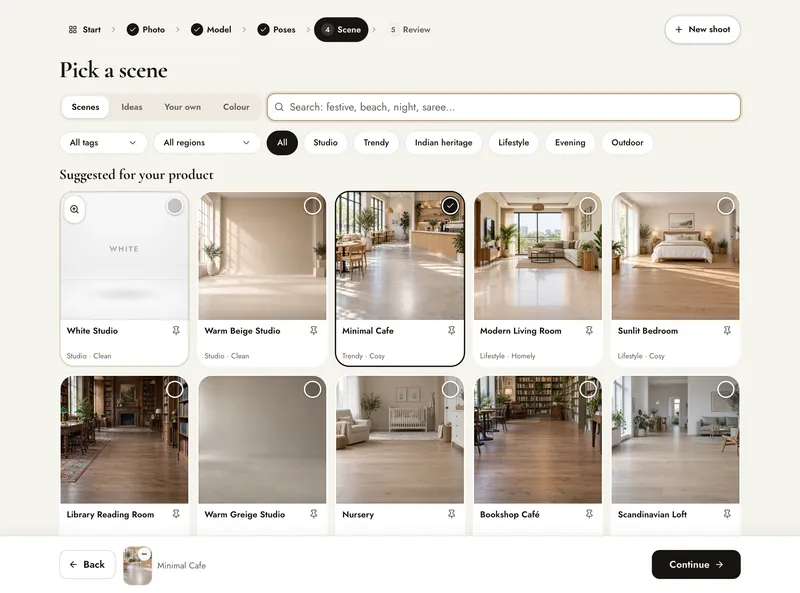 Create, Scene step with the Minimal Cafe scene chosen
