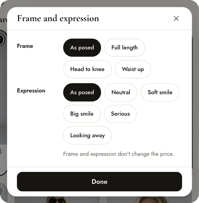 Frame and expression window: Frame As posed or Full length, Expression As posed, Neutral, Soft smile, Big smile, Serious or Looking away, and Frame and expression don't change the price