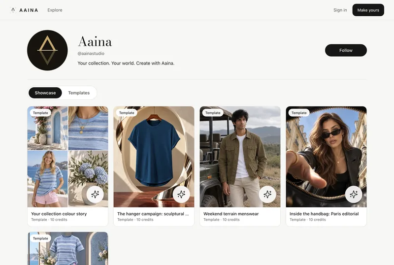 Aaina's own Looks page: the profile with a Follow button, Showcase and Templates tabs, and template cards