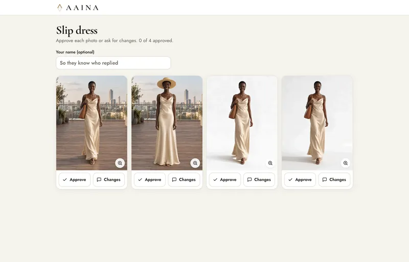 The approval page your client opens: the shoot's photos, each with Approve and Changes, and a box for their name