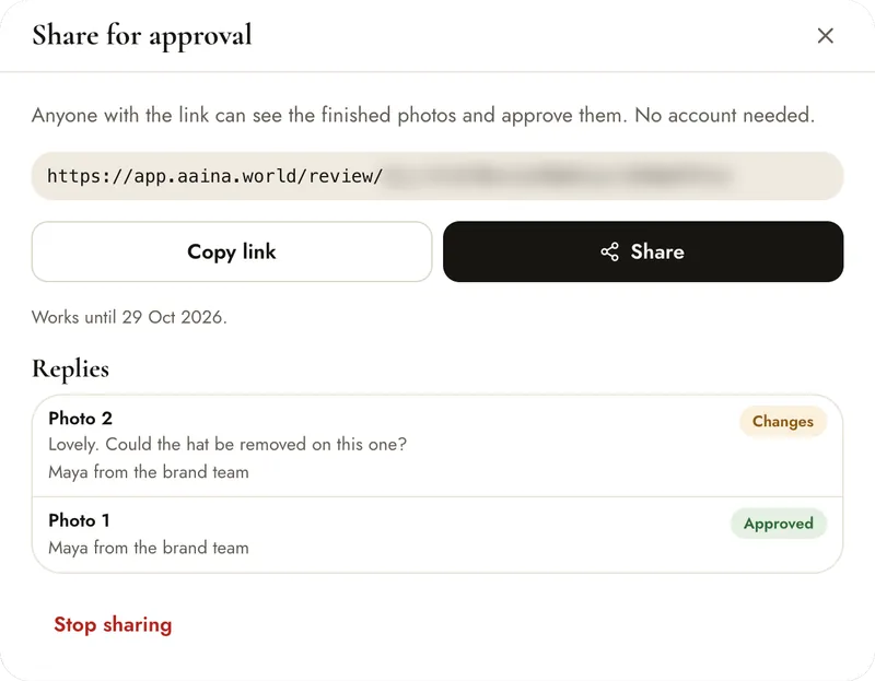 Share for approval listing the replies: photo 2 with the note Could the hat be removed on this one, and photo 1 approved, both from Maya from the brand team