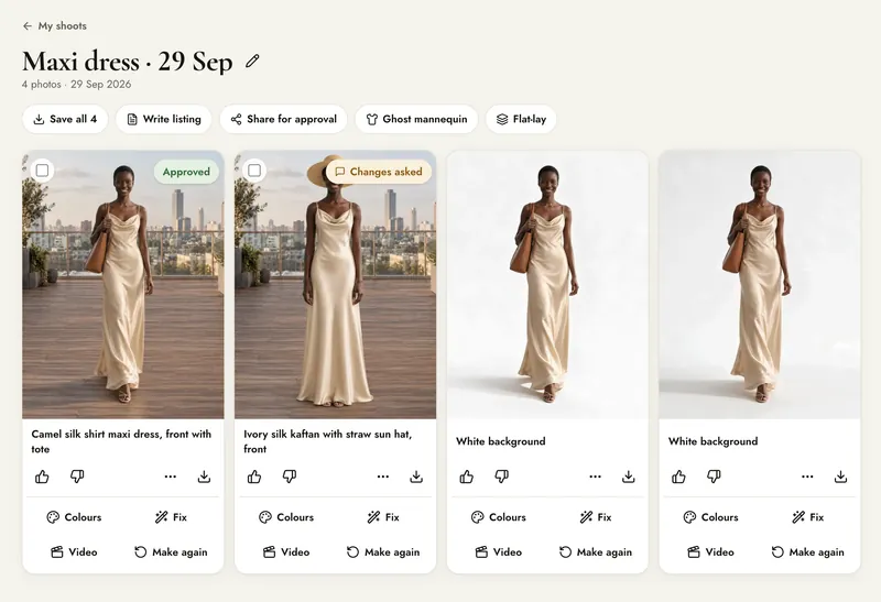 The shoot in Aaina with an Approved badge on photo 1 and a Changes asked badge on photo 2