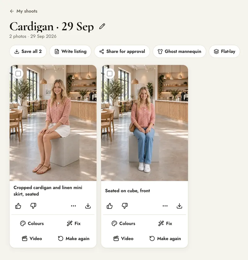 The finished shoot with two photos of Chloe in the coral top, with Save all, Write listing, Share for approval, Ghost mannequin and Flat-lay at the top and Colours, Fix, Video and Make again under each photo
