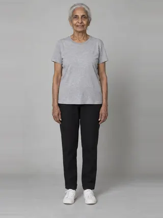 Rukmini, an Aaina AI studio model: Woman, 84 · South Asian · Slim