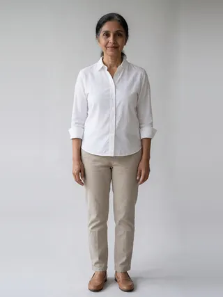 Sunita, an Aaina AI studio model: Woman, 55 · South Asian · Average
