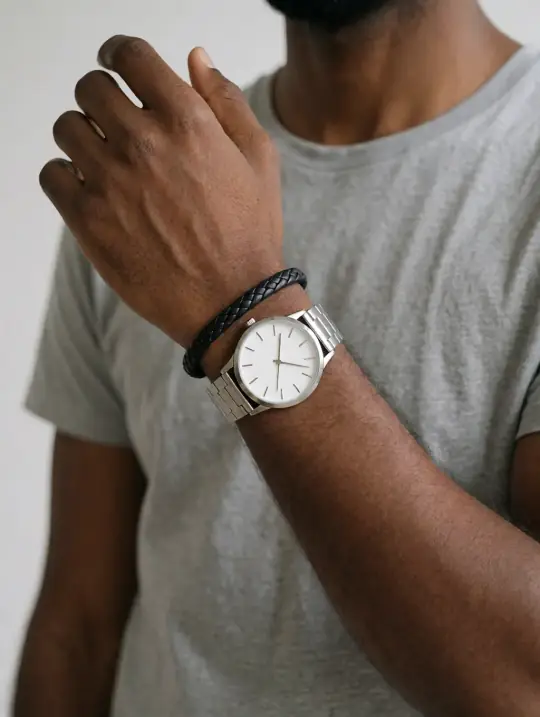 Arjun, an Aaina model, in the pose Leather bracelet with watch
