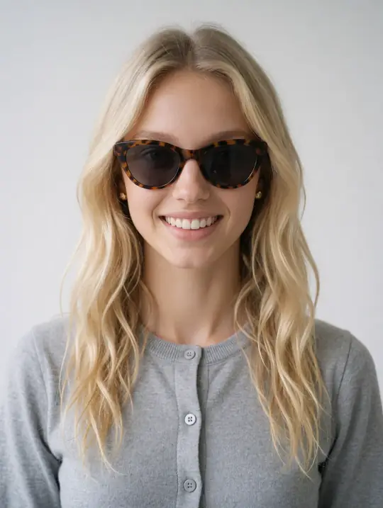 Chloe, an Aaina model, in the pose Sunglasses, front