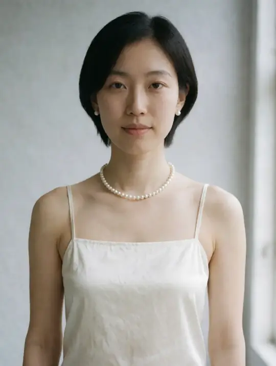 Jiwoo, an Aaina model, in the pose Pearl necklace, satin cami