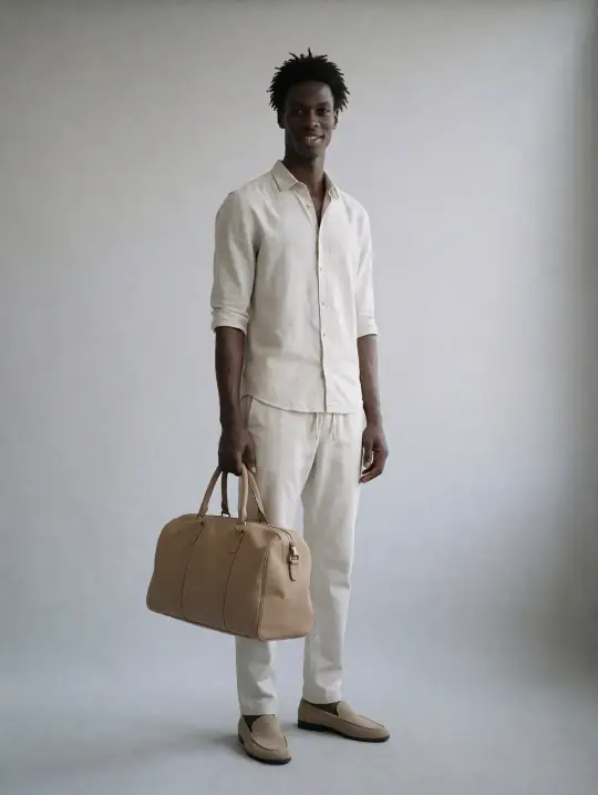 Kwame, an Aaina model, in the pose Leather duffel carried at the side