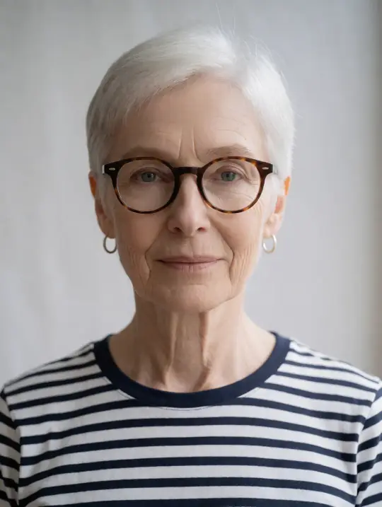 Margaret, an Aaina model, in the pose Round optical frames, portrait front