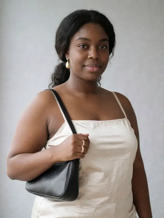 Shanice, an Aaina model, in the pose Baguette shoulder bag, waist-up