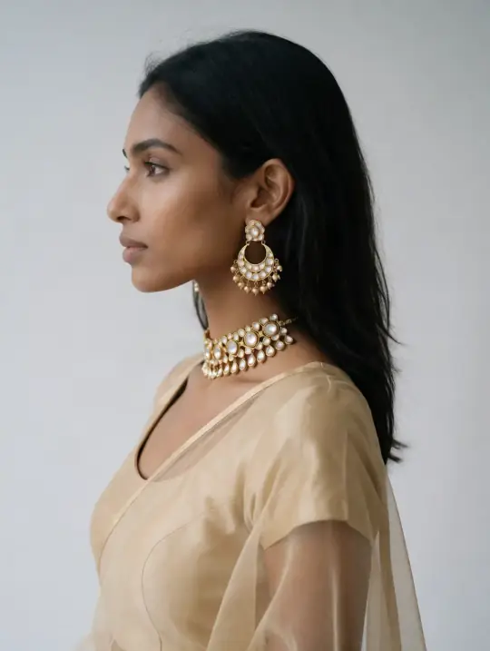 Tara, an Aaina model, in the pose Chandbalis, profile camera-left