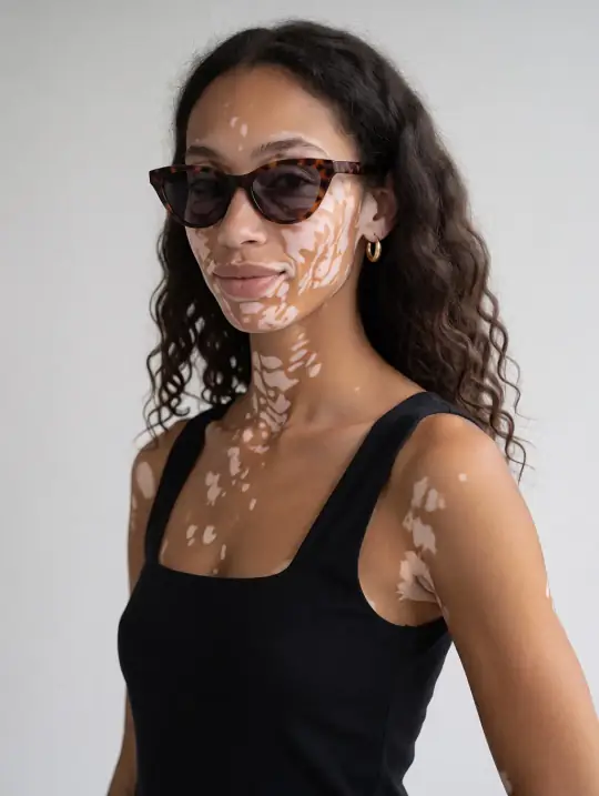 Zara, an Aaina model, in the pose Cat-eye sunglasses, 3/4 camera-left