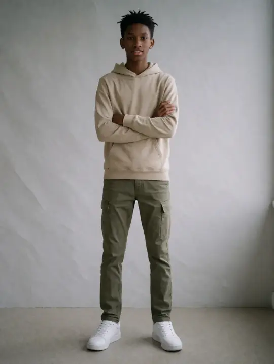 Amani, an Aaina model, in the pose Arms crossed, wide stance