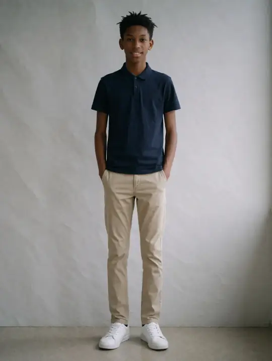 Amani, an Aaina model, in the pose Straight front, polo and chinos, hands in pockets