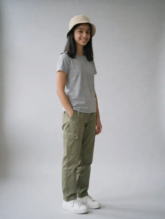 Anaya, an Aaina model, in the pose Bucket hat, full length