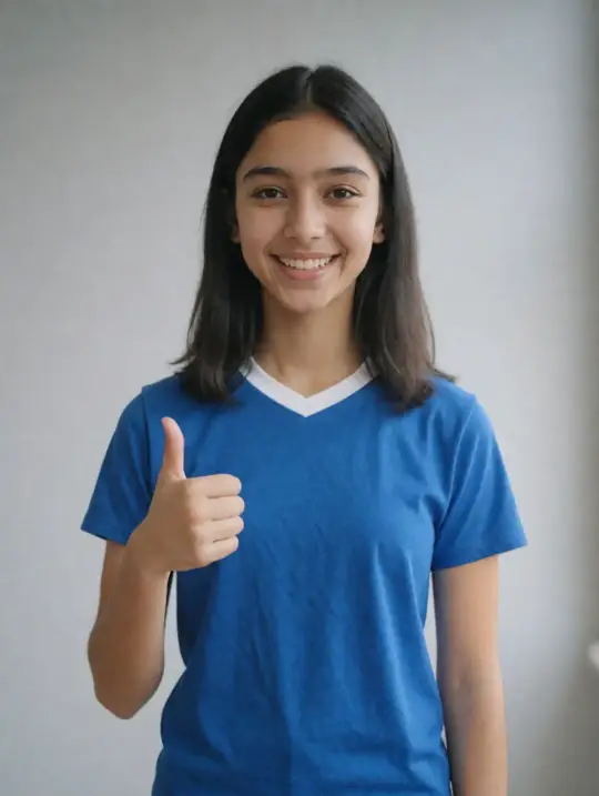 Anaya, an Aaina model, in the pose Jersey, waist-up thumbs-up