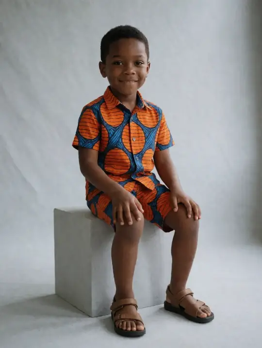 Jayden, an Aaina model, in the pose Ankara set, seated on cube