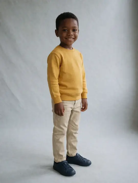 Jayden, an Aaina model, in the pose Sweatshirt and chinos, 45°