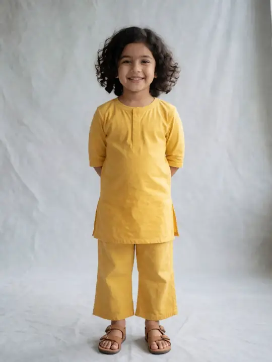 Pari, an Aaina model, in the pose Kurta and palazzo, front