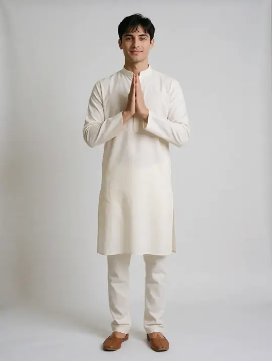 Ansh, an Aaina model, in the pose Hands folded