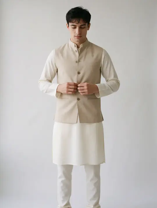 Ansh, an Aaina model, in the pose Nehru jacket buttoning
