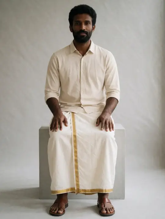 Arjun, an Aaina model, in the pose Cream shirt and mundu, seated on cube