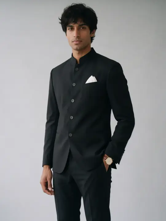 Kabir, an Aaina model, in the pose Bandhgala blazer, three-quarter crop