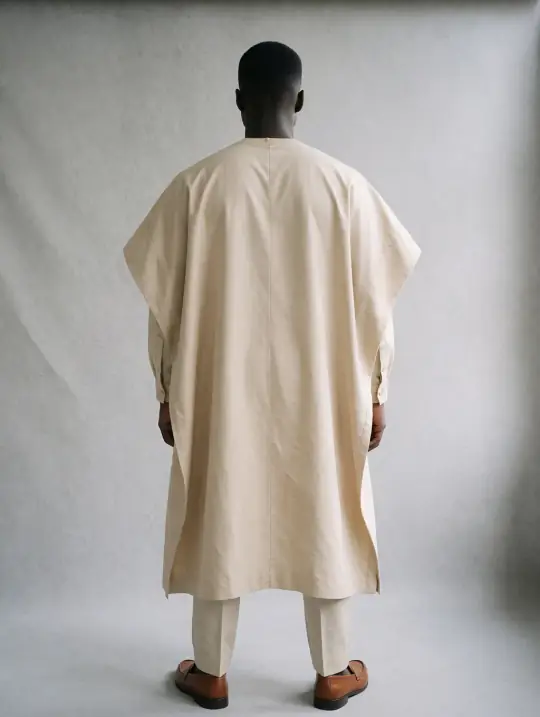 Malik, an Aaina model, in the pose Back view, champagne-gold agbada
