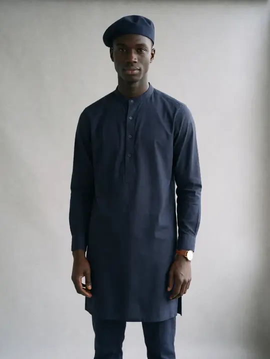 Malik, an Aaina model, in the pose Navy senator set with beret, three-quarter