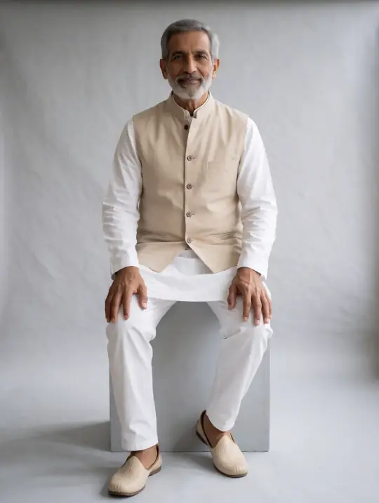 Vikram, an Aaina model, in the pose Beige ethnic waistcoat, seated