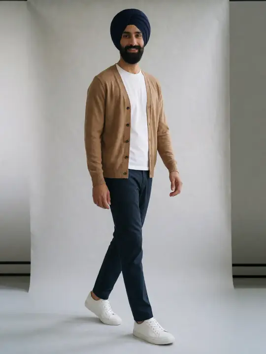 Harpreet, an Aaina model, in the pose Camel cardigan, walking