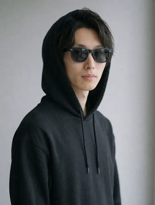 Kenji, an Aaina model, in the pose Hood up with sunglasses, close