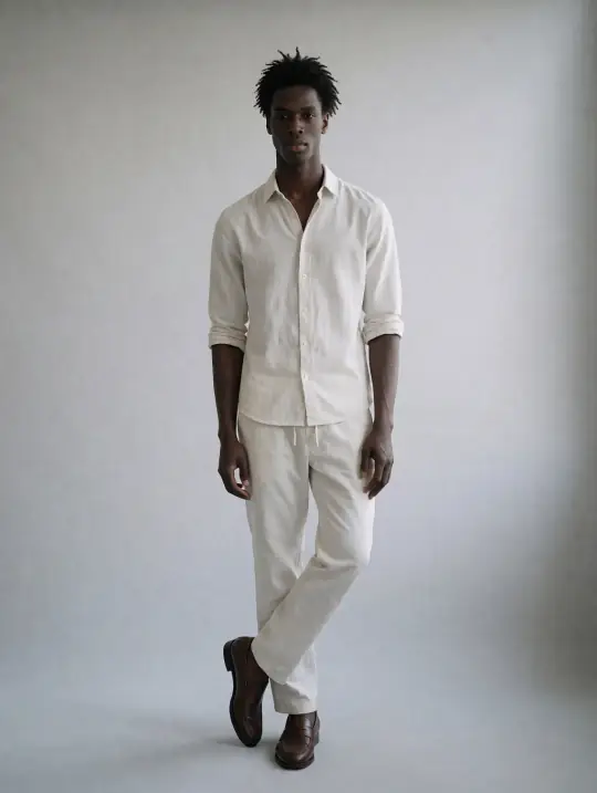 Kwame, an Aaina model, in the pose Cross-leg stance, off-white linen co-ord