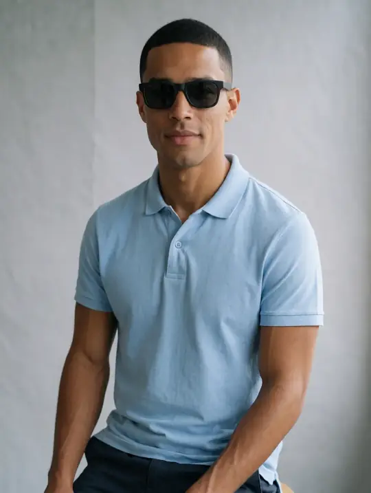 Lucas, an Aaina model, in the pose Polo and sunglasses, seated waist-up