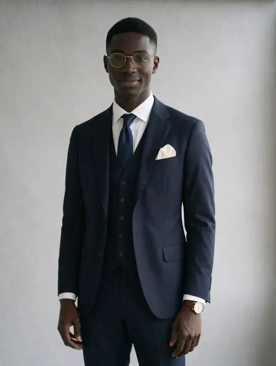 Malik, an Aaina model, in the pose Navy three-piece wedding suit, three-quarter