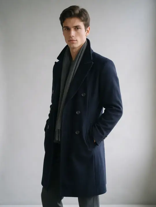 Marco, an Aaina model, in the pose Navy overcoat, collar turned up