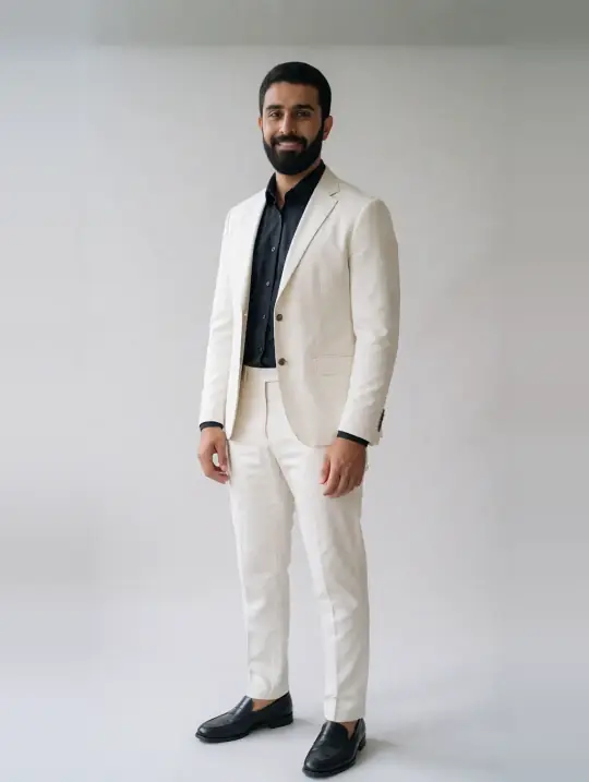 Omar, an Aaina model, in the pose Ivory suit, 45° facing camera-left