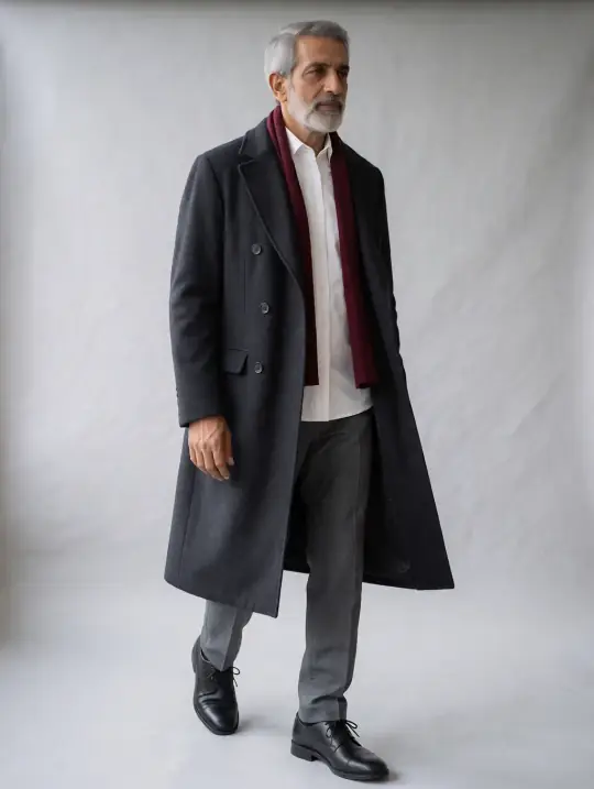 Vikram, an Aaina model, in the pose Walking, looking away, charcoal overcoat